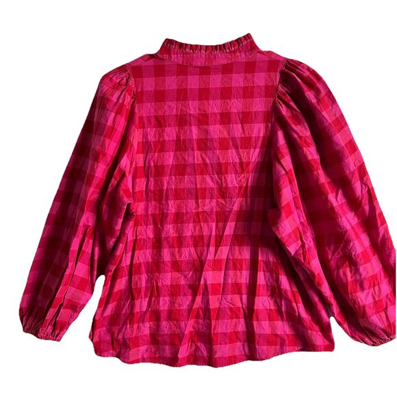 Vilagallo Top Womens 40 Red Pink Plaid Button Up Summer Preppy Beach Casual - Picture 3 of 9